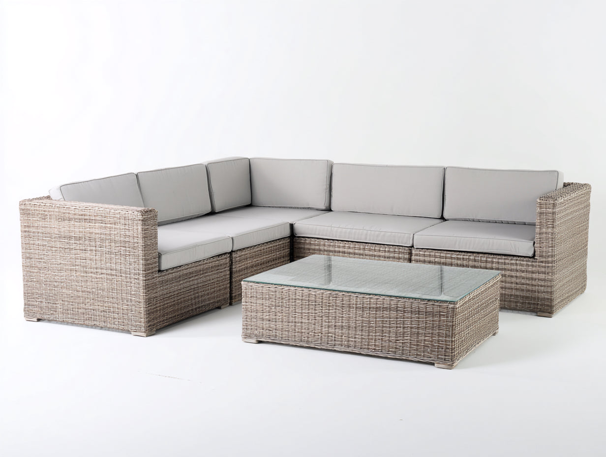 Canapé de jardin - Résine tressée-Tissu-Verre - 290x230x79 cm - Gris clair-Beige clair - Contemporain