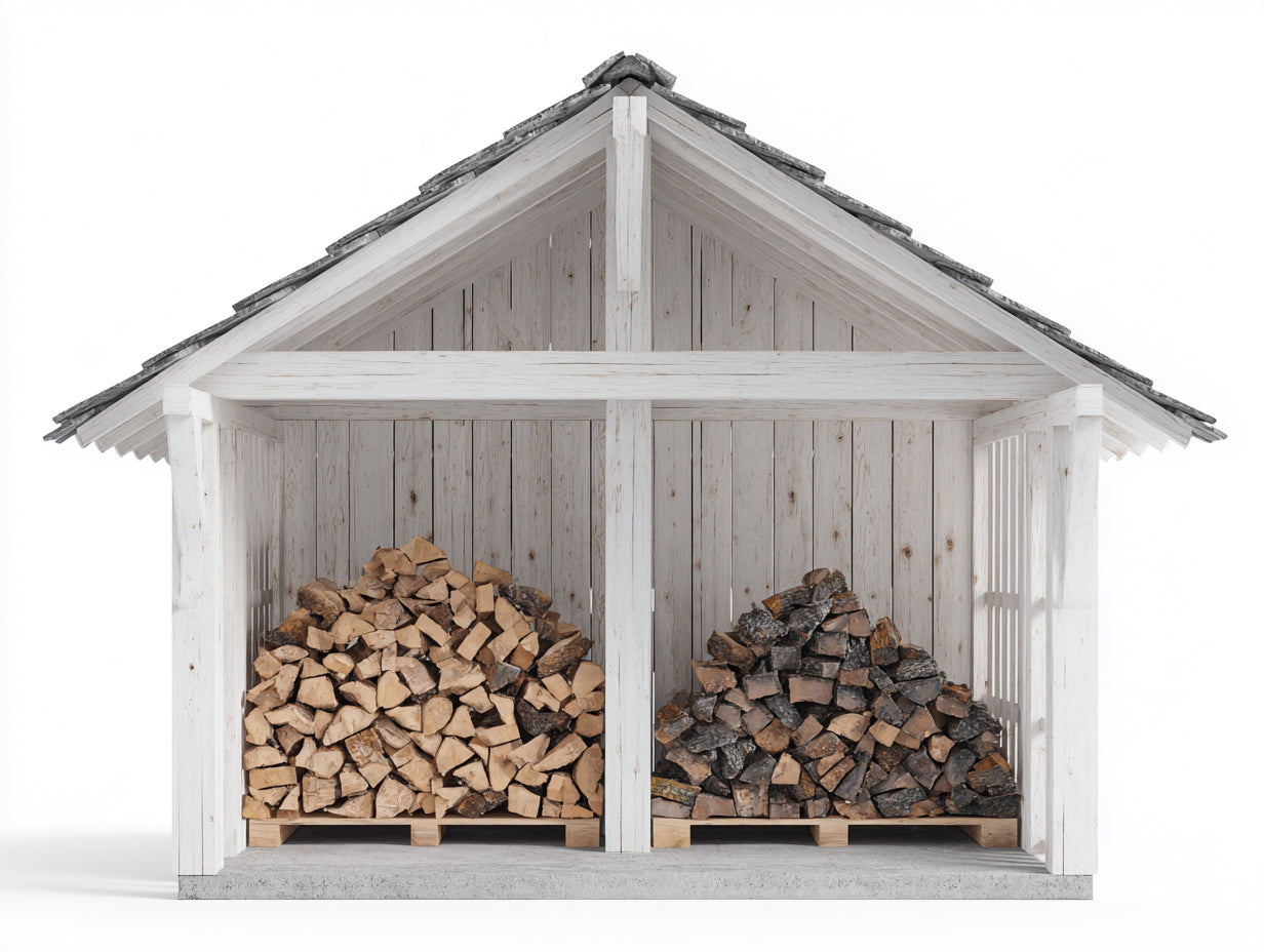 Abri à bûches - bois - 248x96x218 cm - blanc-gris - style maison de jardin