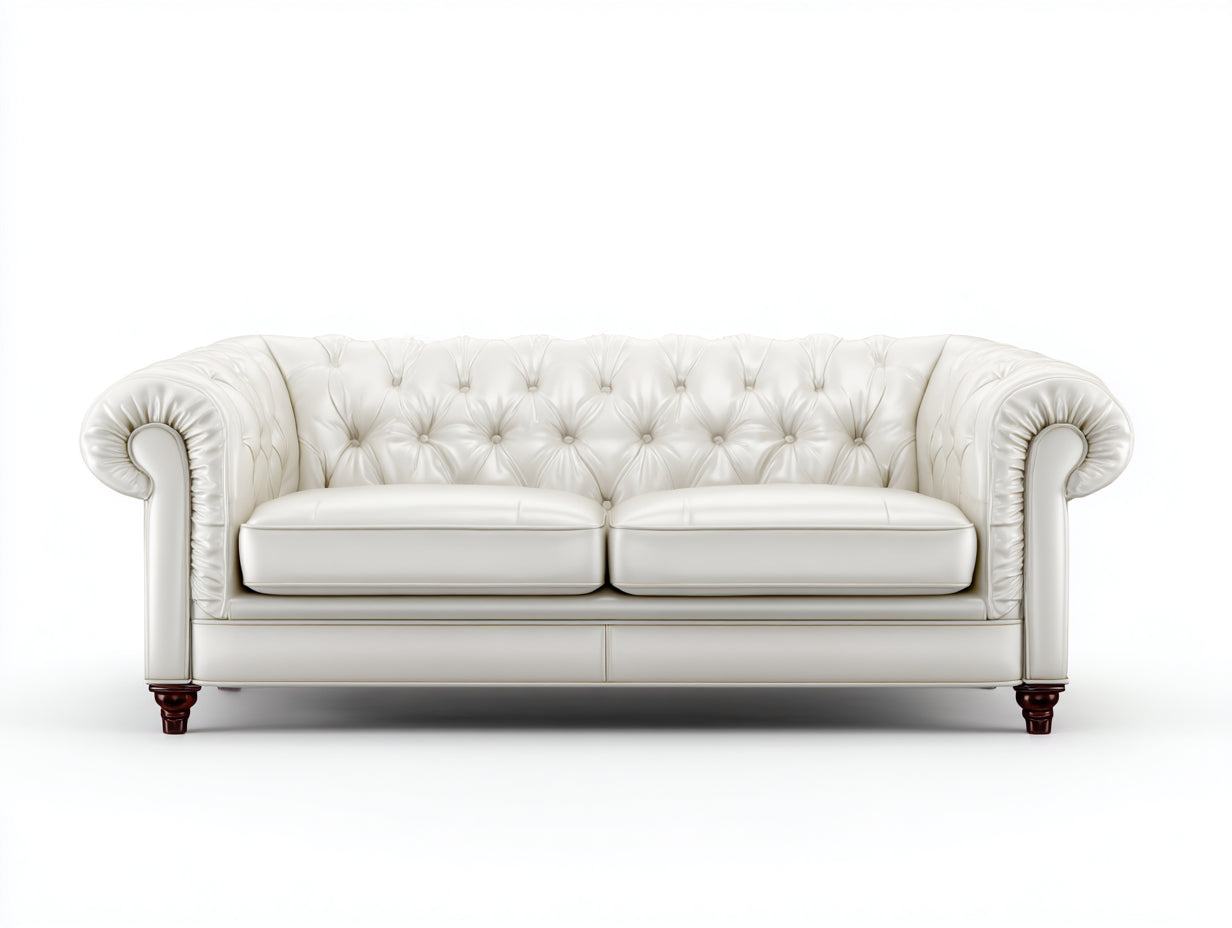 Canapé 2 places - cuir-bois - 184x82x77 cm - blanc - style Chesterfield