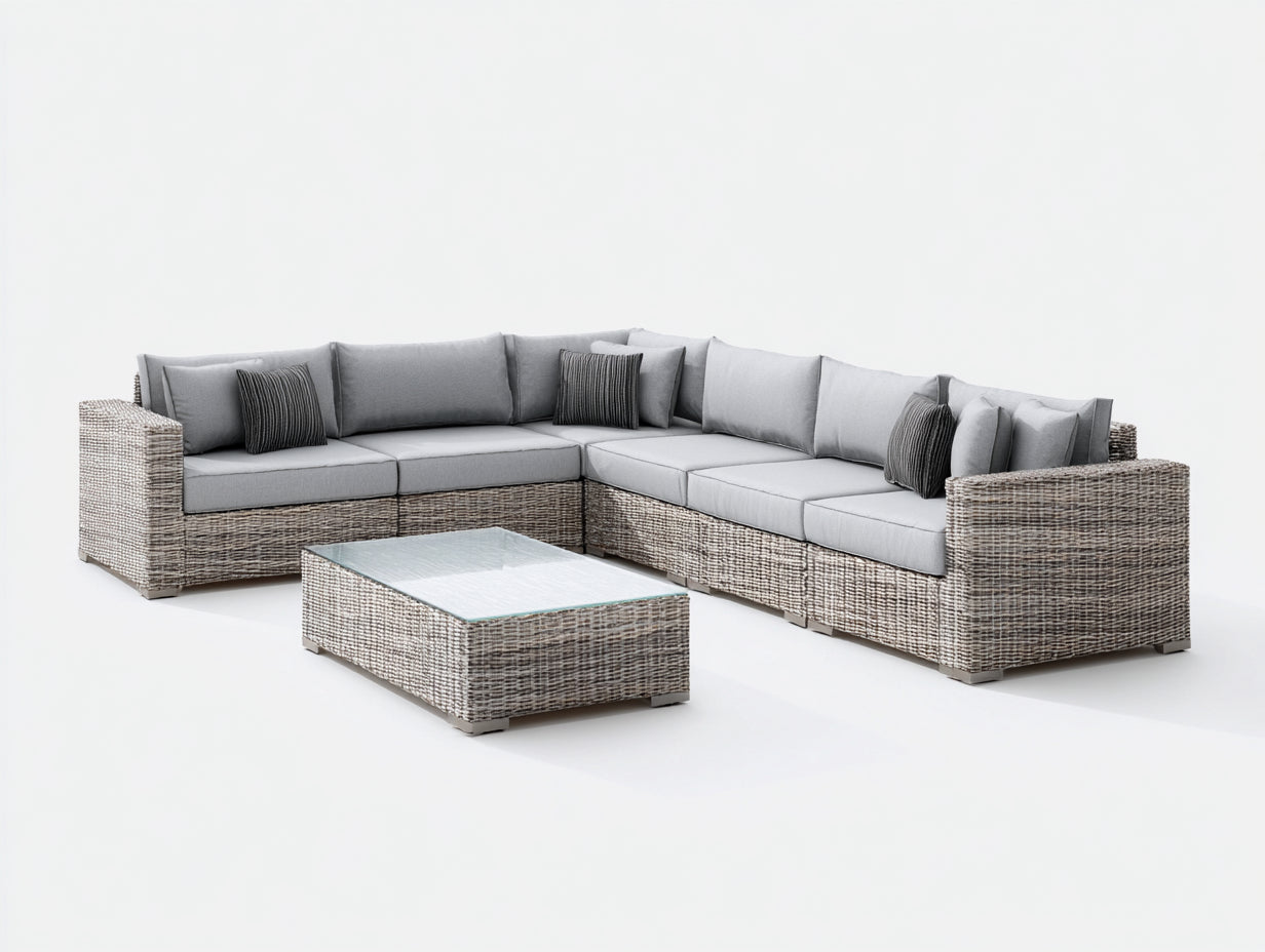 Canapé de jardin - Résine tressée-Tissu-Verre - 335x255x79 cm - Gris clair-Beige clair - Contemporain