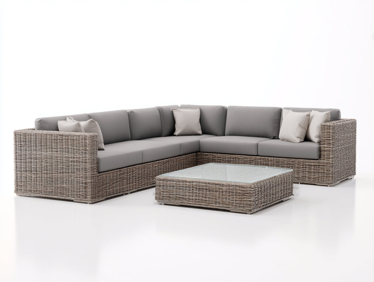 Canapé de jardin - Résine tressée-Tissu-Verre - 320x240x78 cm - Gris clair-Beige clair - Contemporain