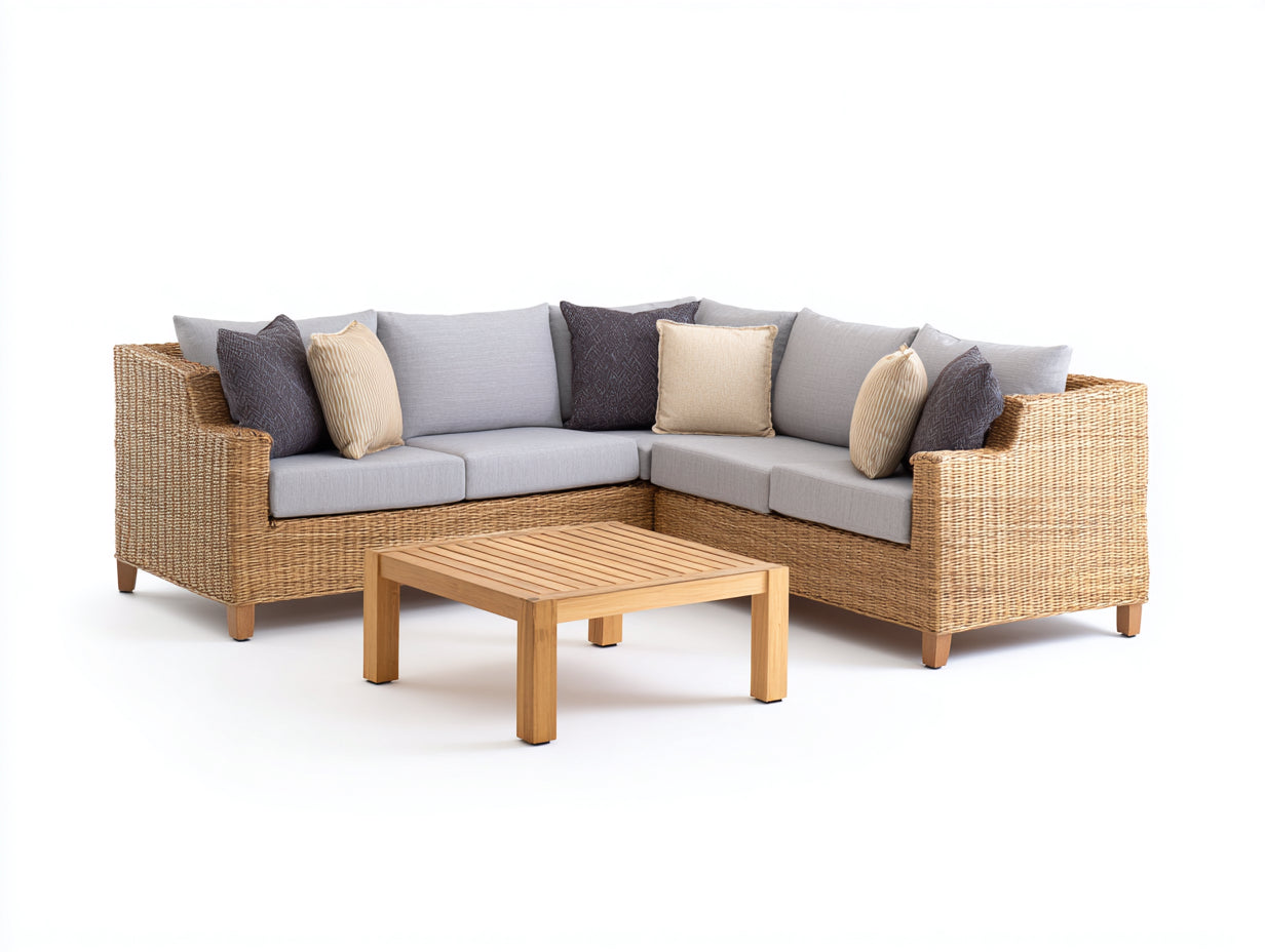 Canapé de jardin - Résine tressée-Tissu-Bois - 255x255x84 cm - Gris clair-Beige naturel - Contemporain