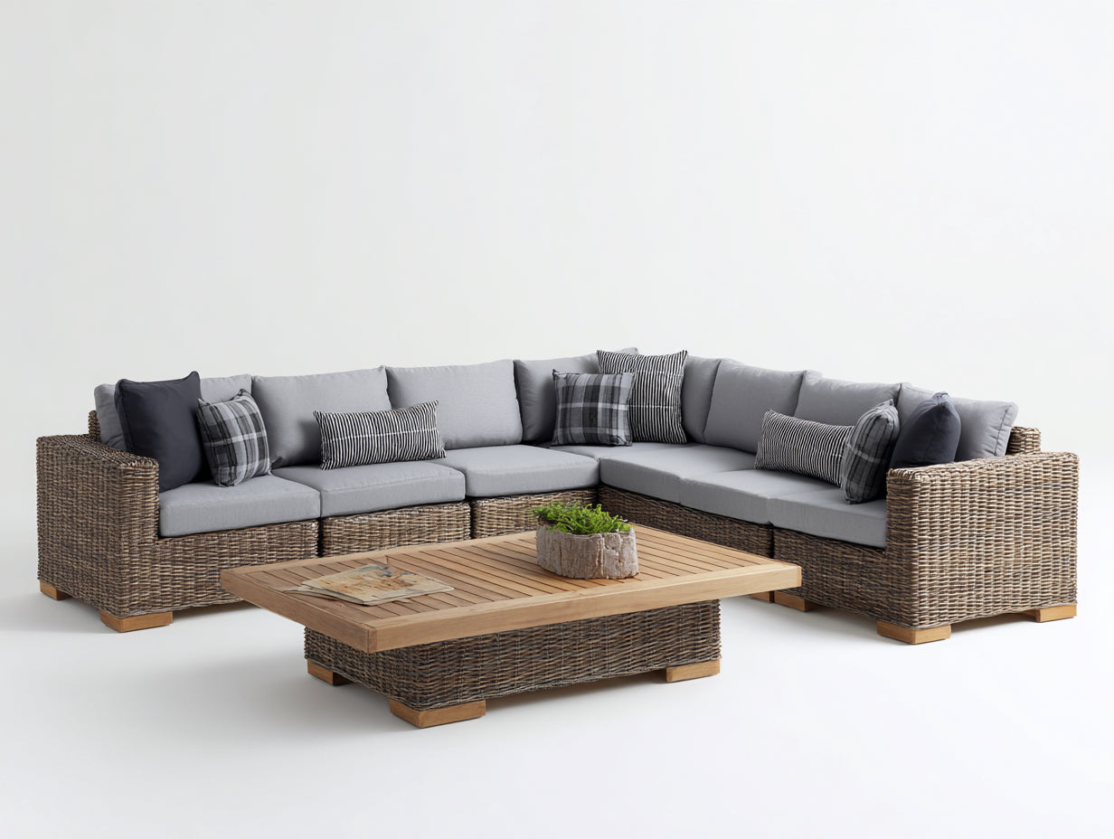 Canapé de jardin - Résine tressée-Tissu-Bois - 305x305x76 cm - Gris clair-Marron naturel - Contemporain